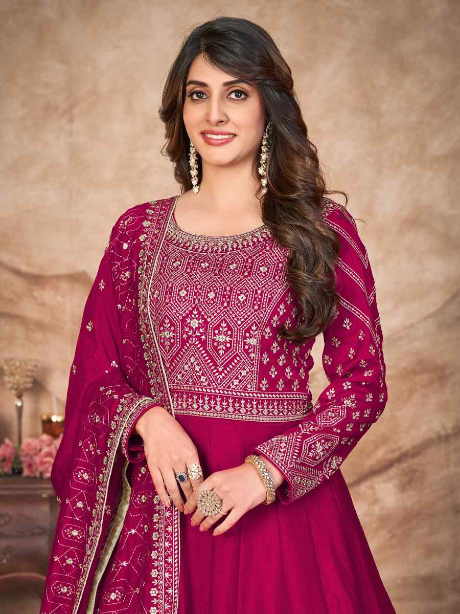 Rani Pink Art Silk Embroidered Festival Wedding Anarkali Salwar Kameez