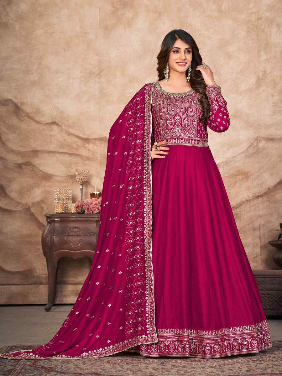 Rani Pink Art Silk Embroidered Festival Wedding Anarkali Salwar Kameez