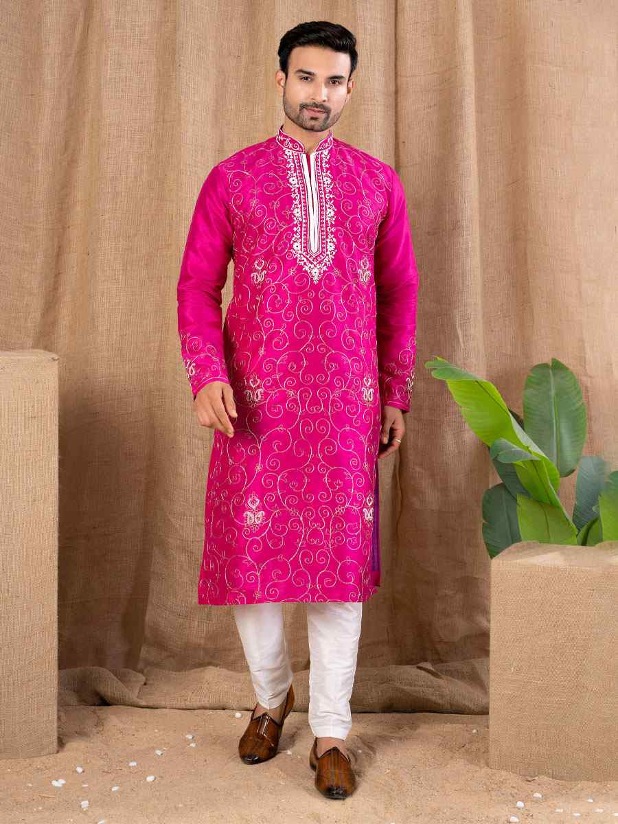 Rani Pink Art Silk Embroidery Festival Wedding Party Mens Kurta
