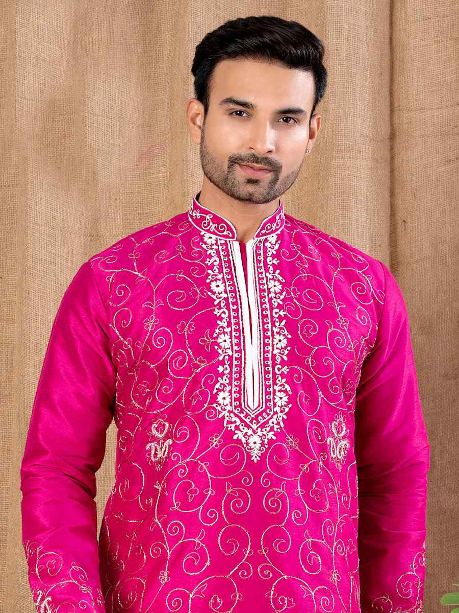 Rani Pink Art Silk Embroidery Festival Wedding Party Mens Kurta