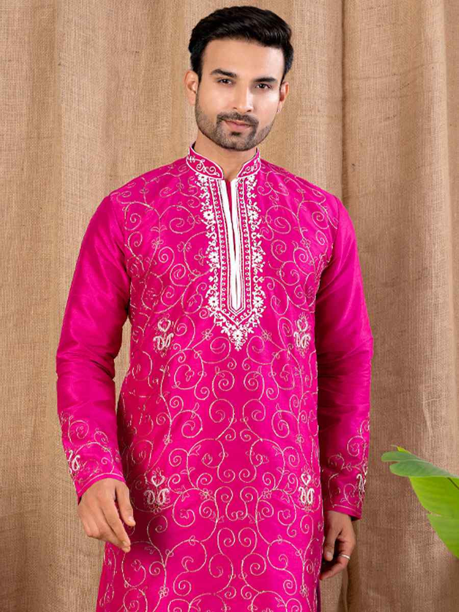 Rani Pink Art Silk Embroidery Festival Wedding Party Mens Kurta