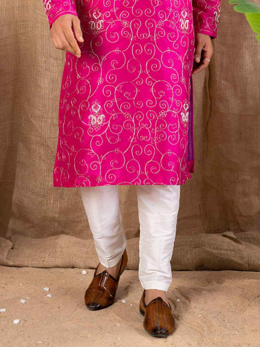 Rani Pink Art Silk Embroidery Festival Wedding Party Mens Kurta