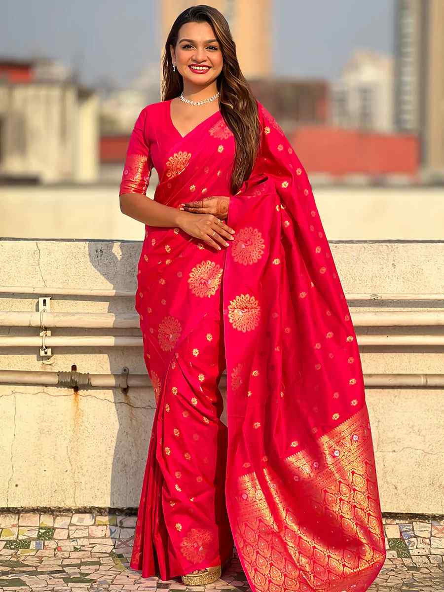 Rani Pink Banarasi Silk Handwoven Festival Wedding Fancy Heavy Border Saree