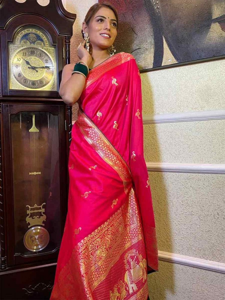 Image of Rani Pink Banarasi Silk Handwoven Festival Wedding Fancy Heavy Border Saree