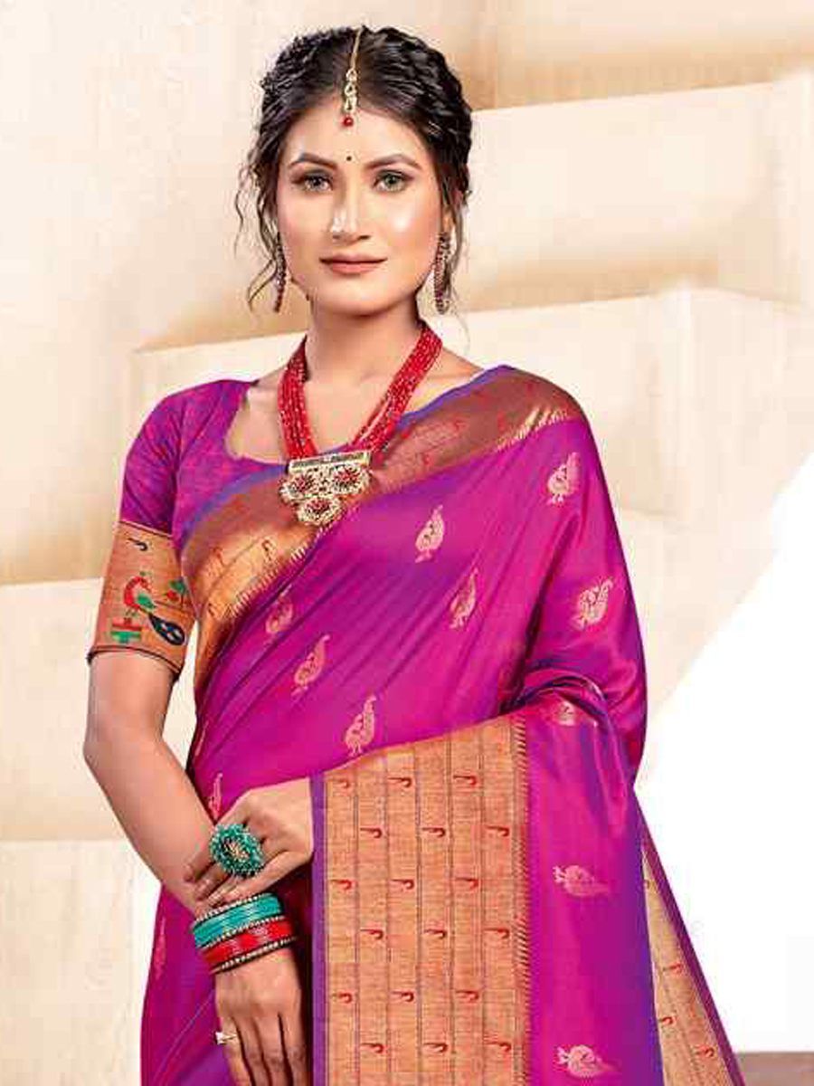 Rani Pink Banarasi Silk Handwoven Wedding Festival Heavy Border Saree