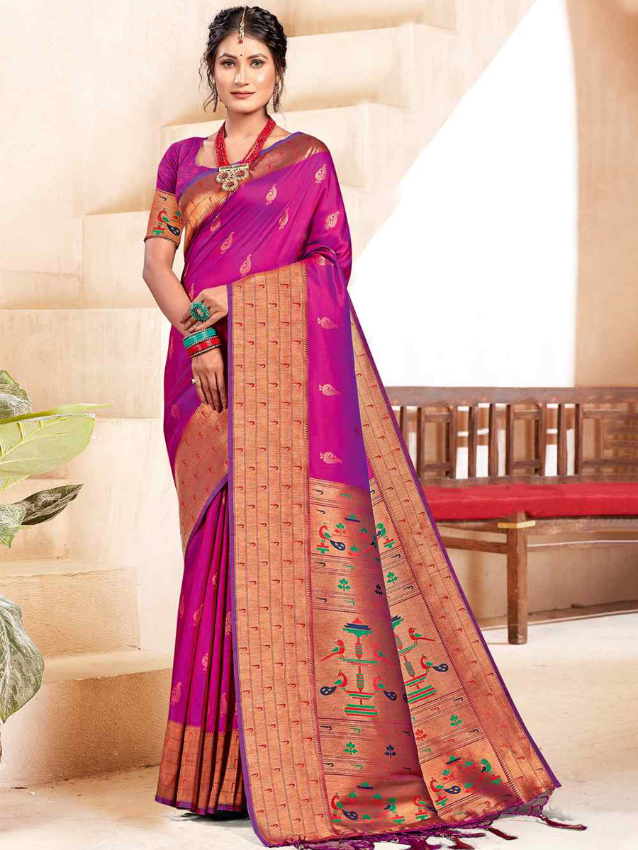 Rani Pink Banarasi Silk Handwoven Wedding Festival Heavy Border Saree
