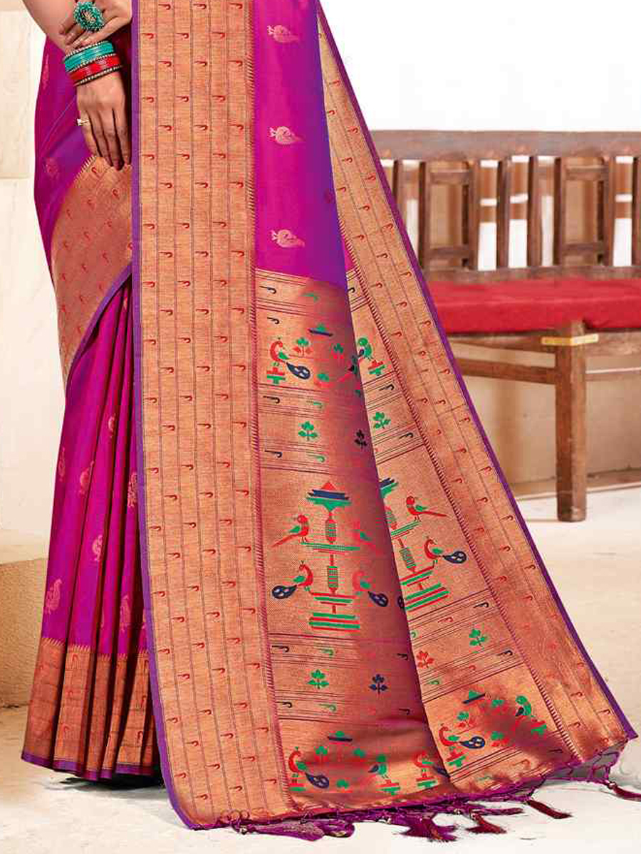 Rani Pink Banarasi Silk Handwoven Wedding Festival Heavy Border Saree