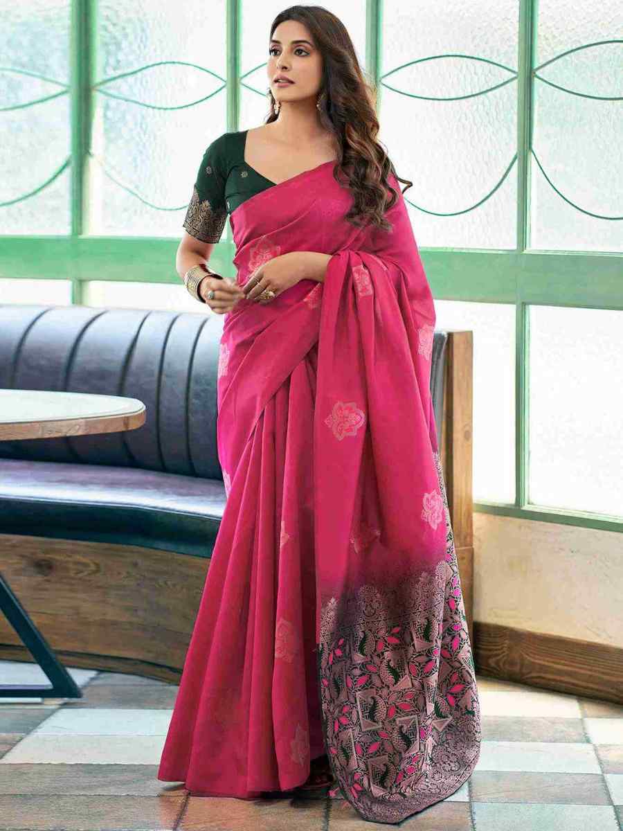 Rani Pink Banarasi Soft Silk Embroidered Festival Party Heavy Border Saree