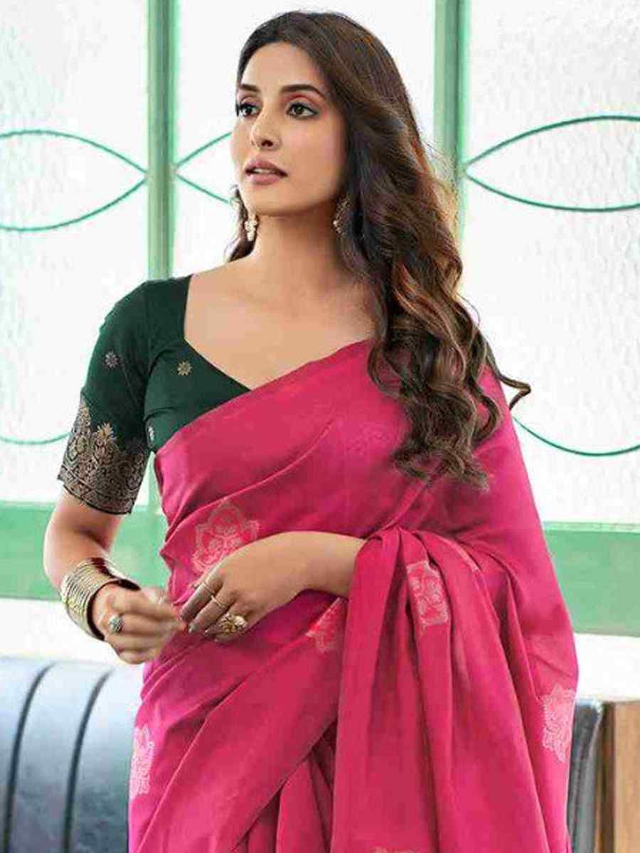 Rani Pink Banarasi Soft Silk Embroidered Festival Party Heavy Border Saree