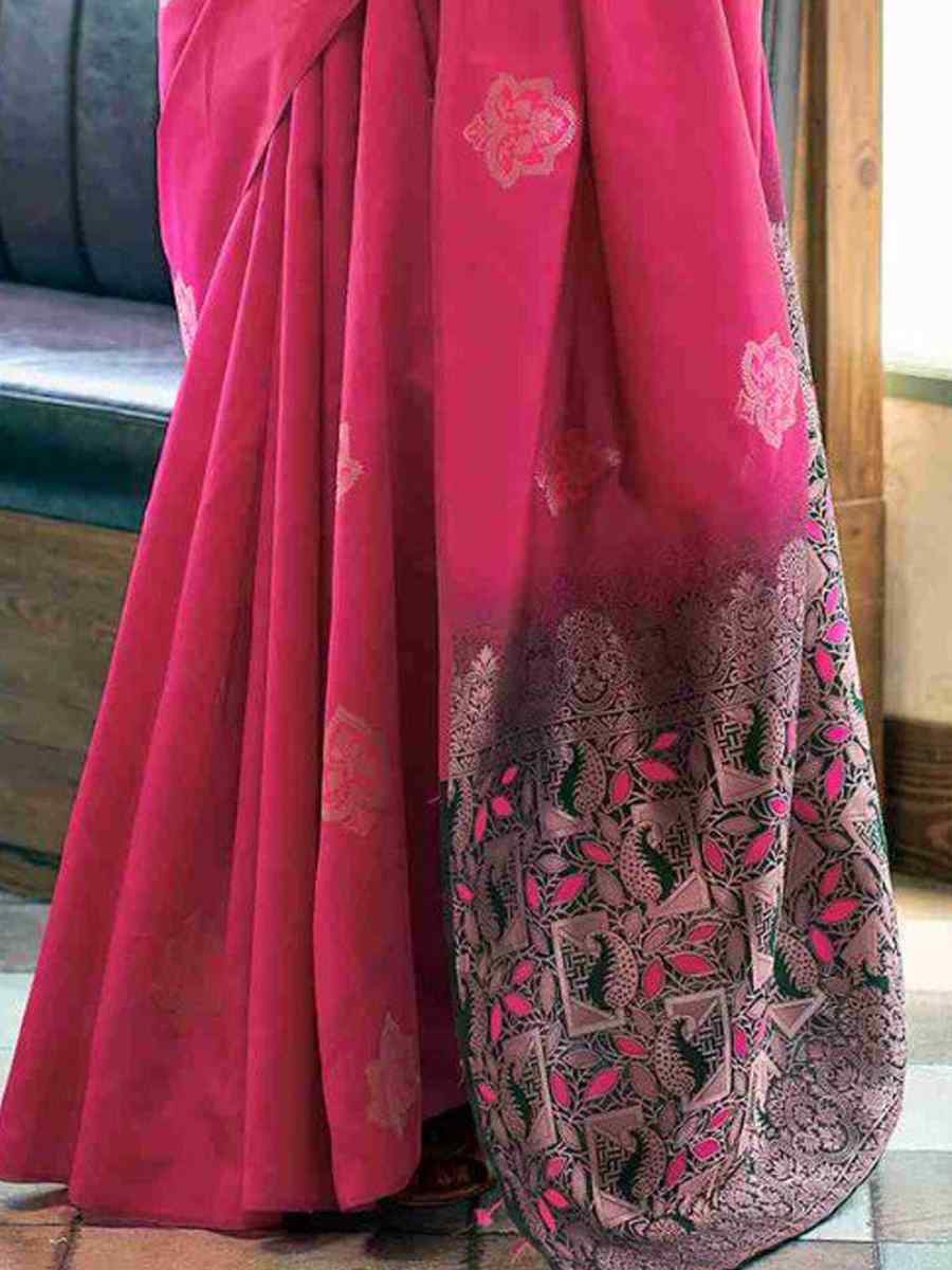 Rani Pink Banarasi Soft Silk Embroidered Festival Party Heavy Border Saree