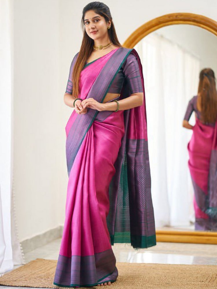 Rani Pink Banarasi Soft Silk Handwoven Festival Casual Heavy Border Saree