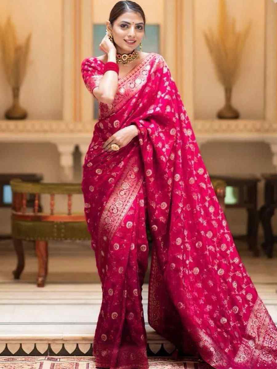 Rani Pink Banarasi Soft Silk Handwoven Wedding Festival Heavy Border Saree