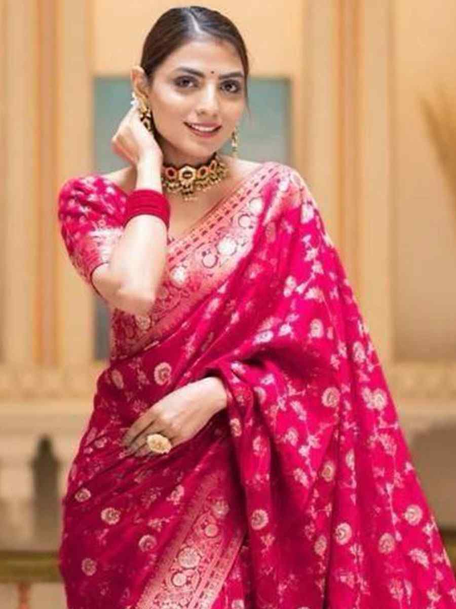 Rani Pink Banarasi Soft Silk Handwoven Wedding Festival Heavy Border Saree