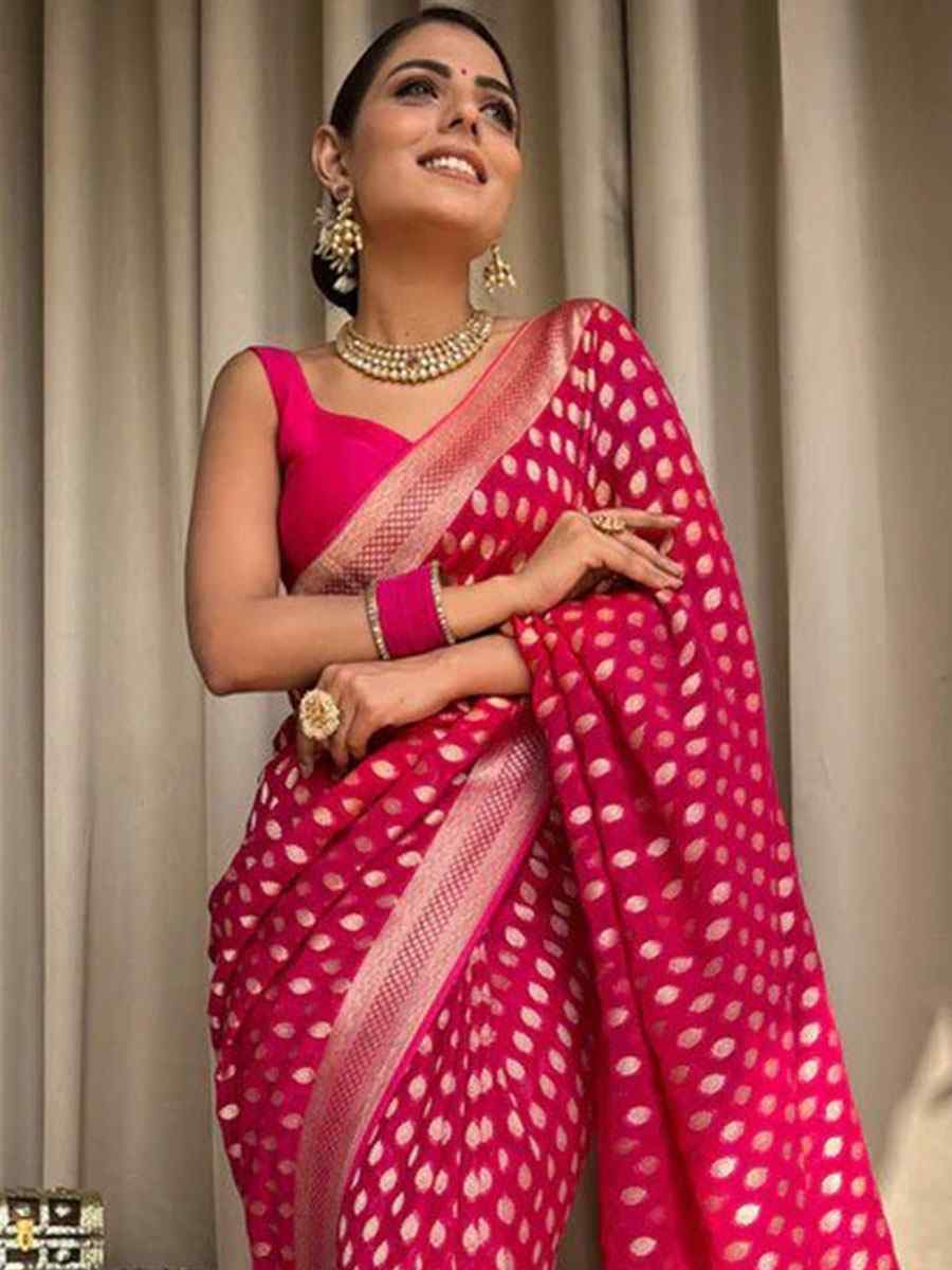 Rani Pink Banarasi Soft Silk Handwoven Wedding Festival Heavy Border Saree