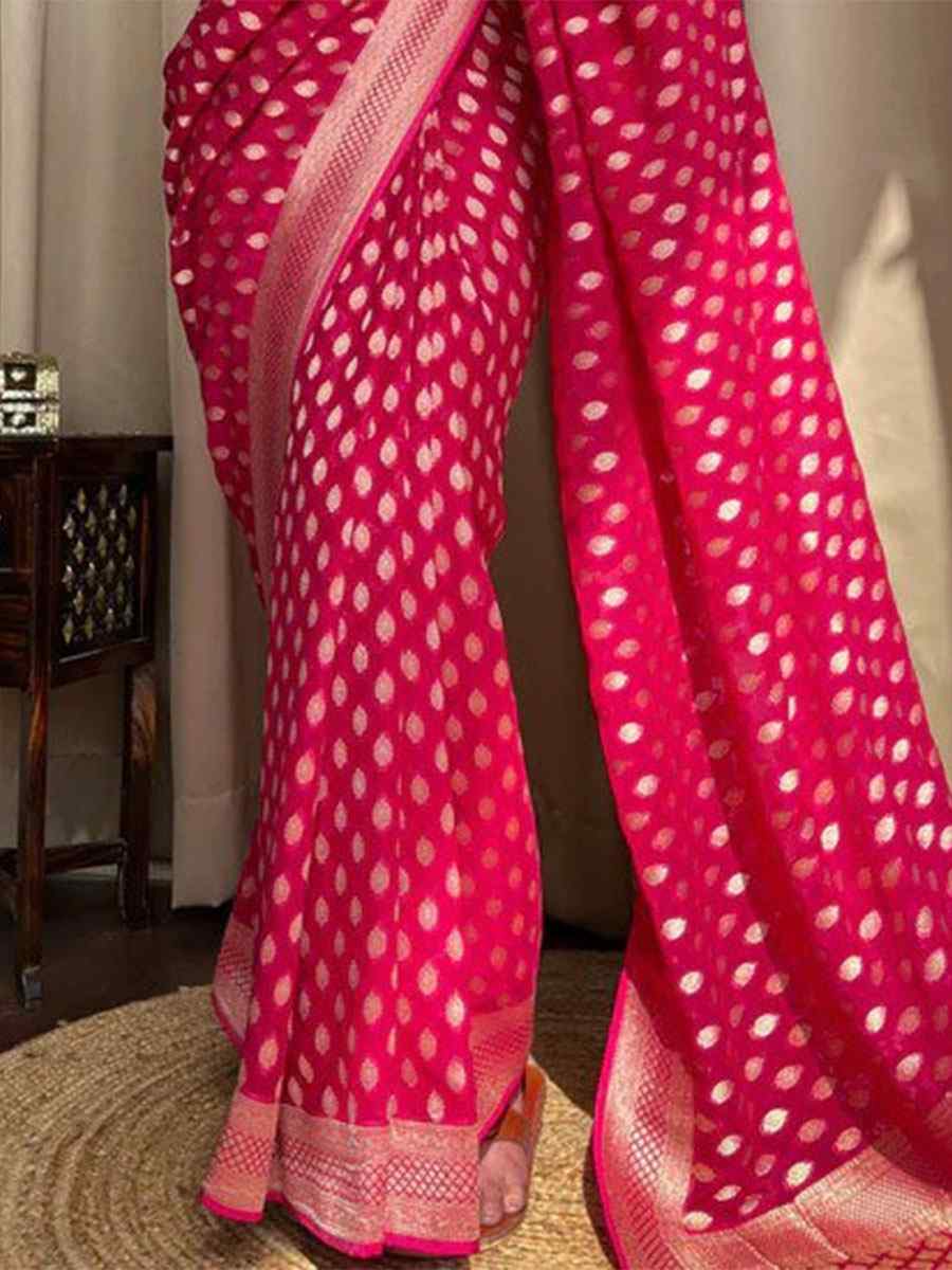 Rani Pink Banarasi Soft Silk Handwoven Wedding Festival Heavy Border Saree