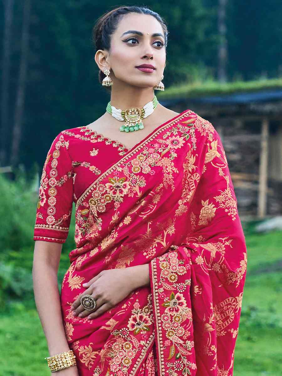 Rani Pink Banglory Silk Embroidered Bridesmaid Reception Heavy Border Saree