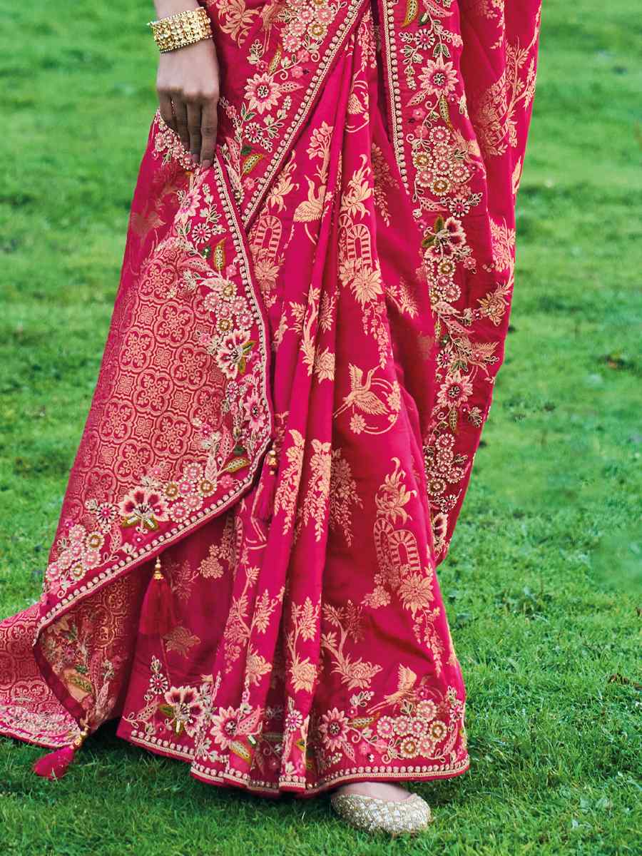 Rani Pink Banglory Silk Embroidered Bridesmaid Reception Heavy Border Saree