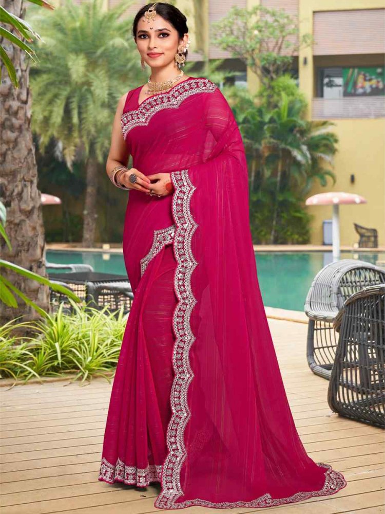 Rani Pink Banglory Silk Embroidered Reception Party Heavy Border Saree