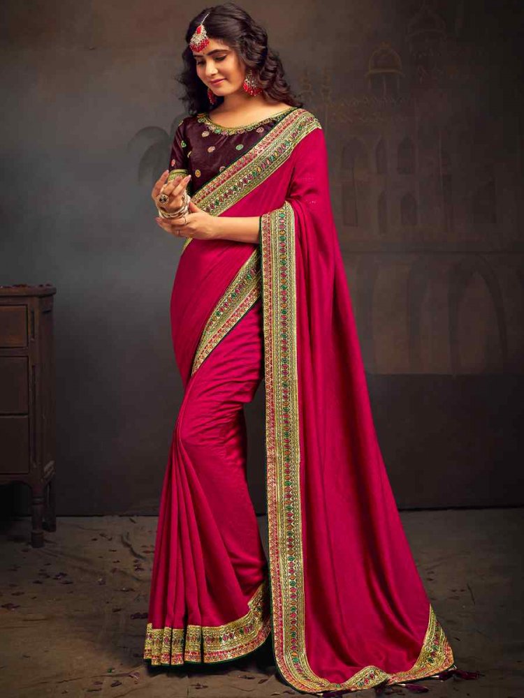 Rani Pink Banglory Silk Handwoven Wedding Festival Heavy Border Saree