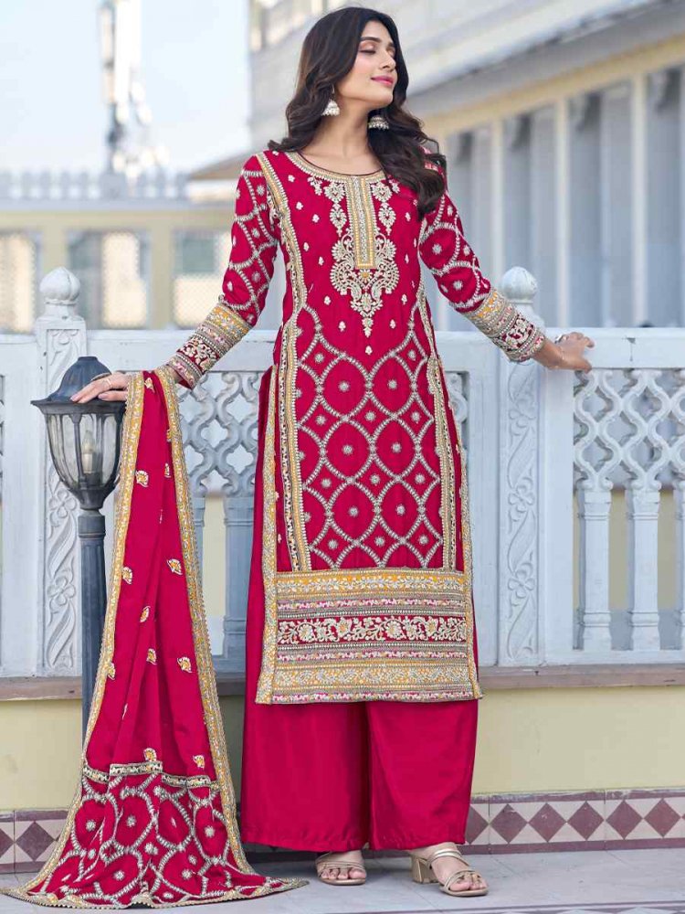 Rani Pink Blue Heavy Chinon Silk Embroidered Festival Wedding Pant Salwar Kameez