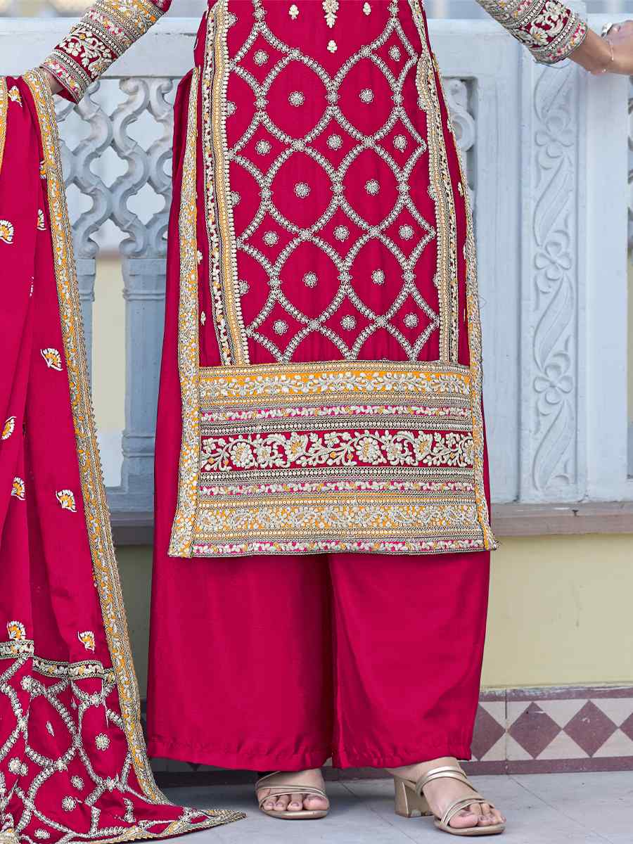 Rani Pink Blue Heavy Chinon Silk Embroidered Festival Wedding Pant Salwar Kameez