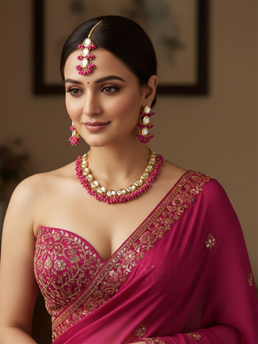 Rani Pink Brass Wedding Party Festival Wear Kundan Necklace