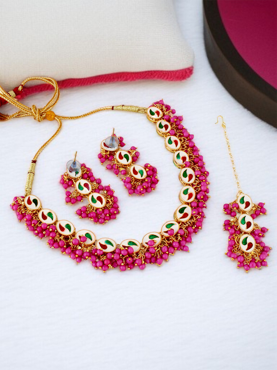 Rani Pink Brass Wedding Party Festival Wear Kundan Necklace