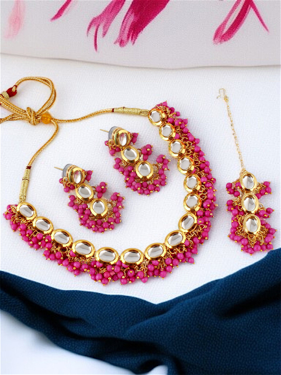 Rani Pink Brass Wedding Party Festival Wear Kundan Necklace