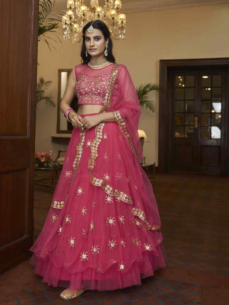 Rani Pink Butterfly Net Embroidered Engagement Wedding Heavy Border Lehenga Choli