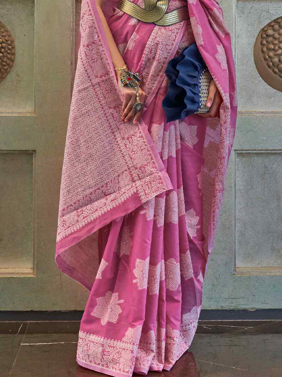 Rani Pink Chickankari Lucknowi Silk Handwoven Party Festival Heavy Border Saree