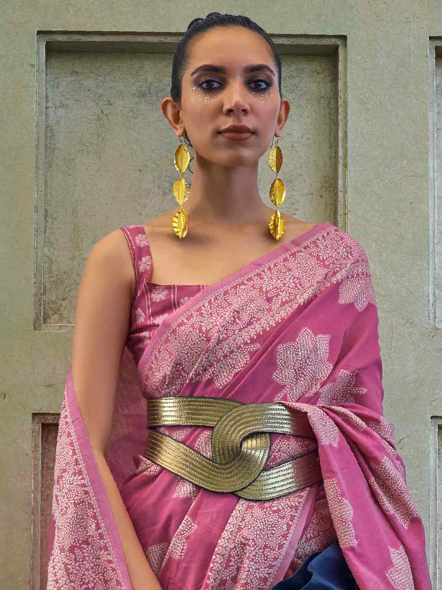 Rani Pink Chickankari Lucknowi Silk Handwoven Party Festival Heavy Border Saree