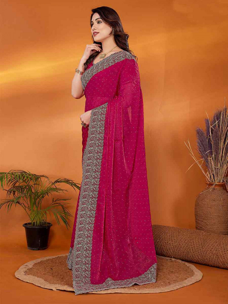 Rani Pink Chiffon Embroidered Festival Wedding Fancy Heavy Border Saree