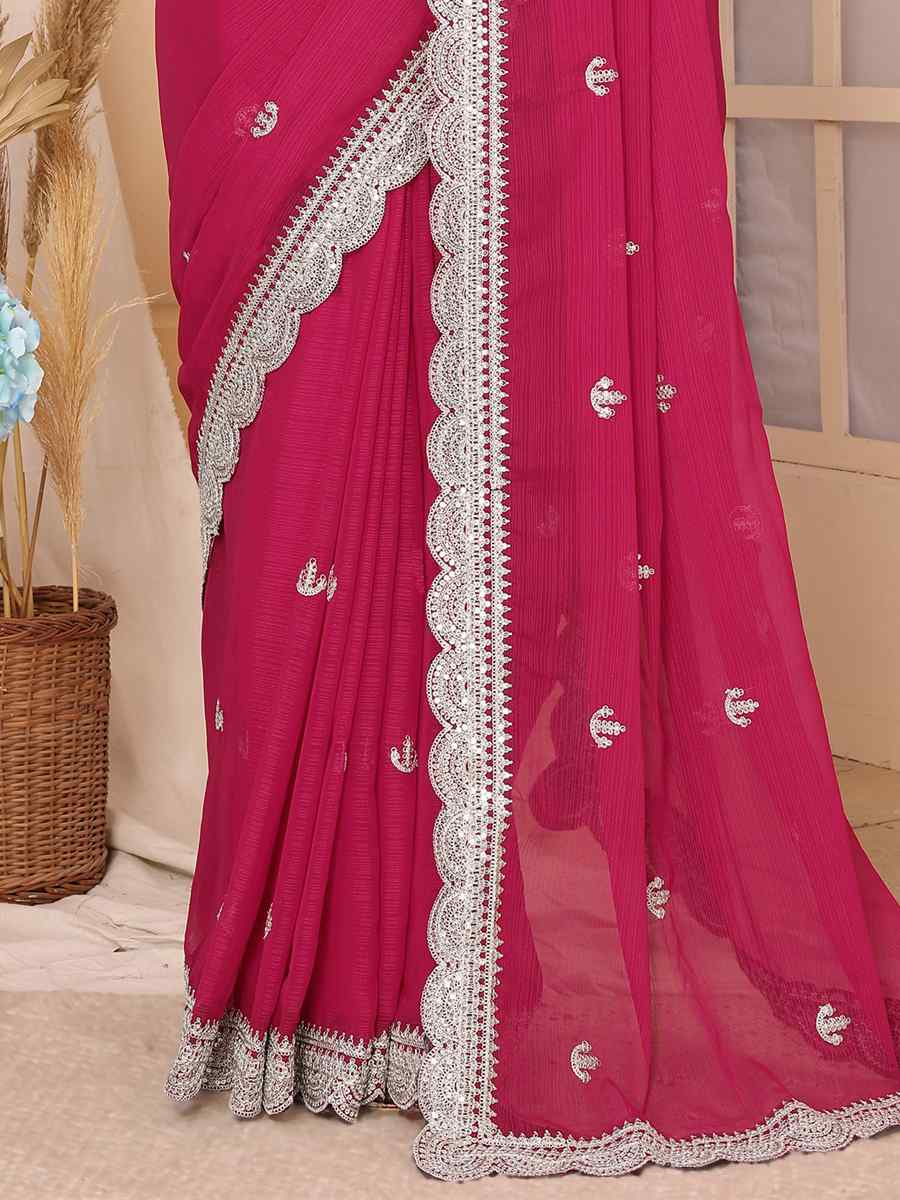 Rani Pink Chiffon Embroidered Festival Wedding Heavy Border Saree