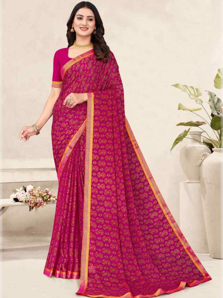 Image of Rani Pink Chiffon Printed Festival Wedding Fancy Classic Style Sarees