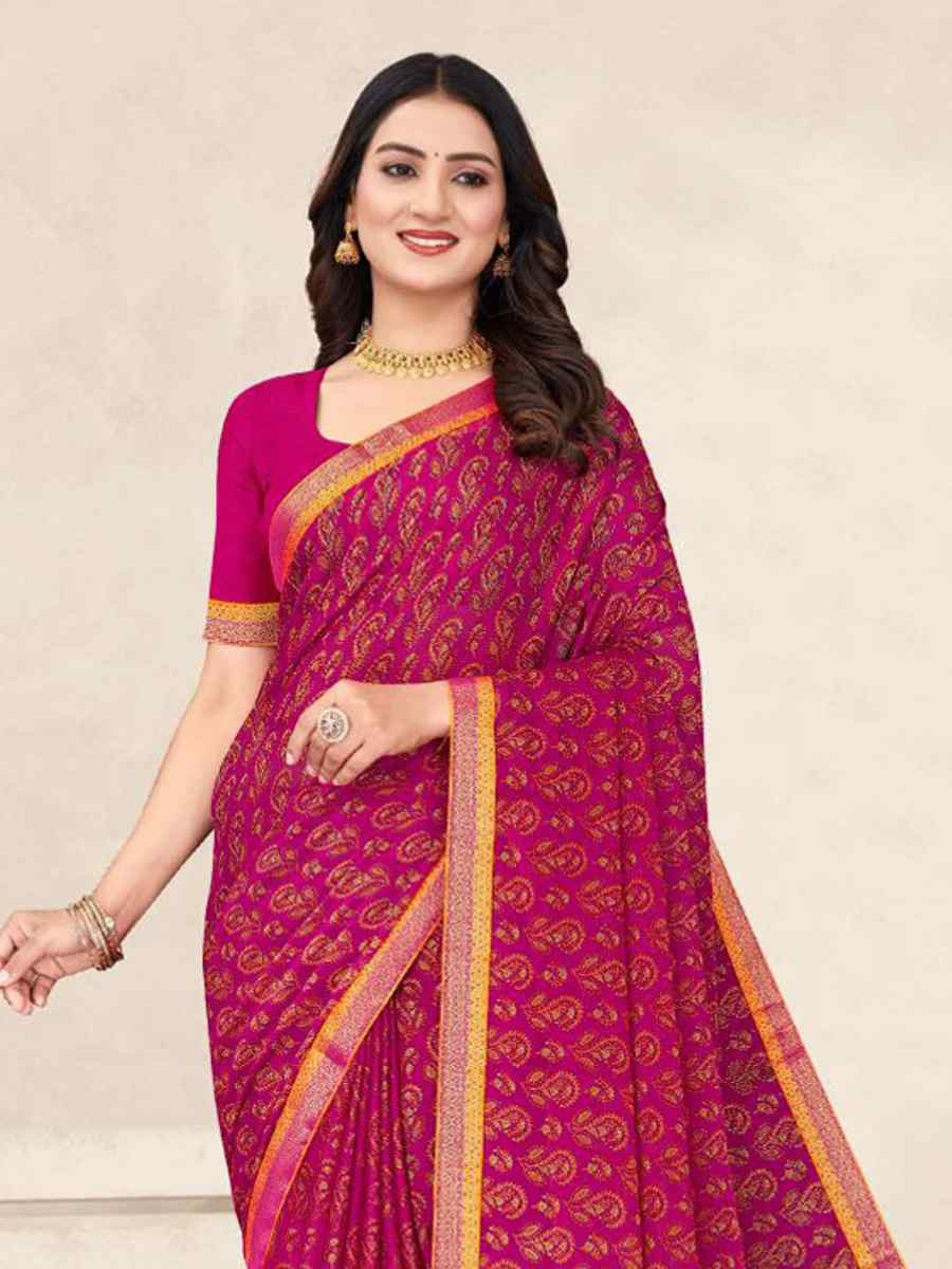 Rani Pink Chiffon Printed Festival Wedding Fancy Classic Style Sarees