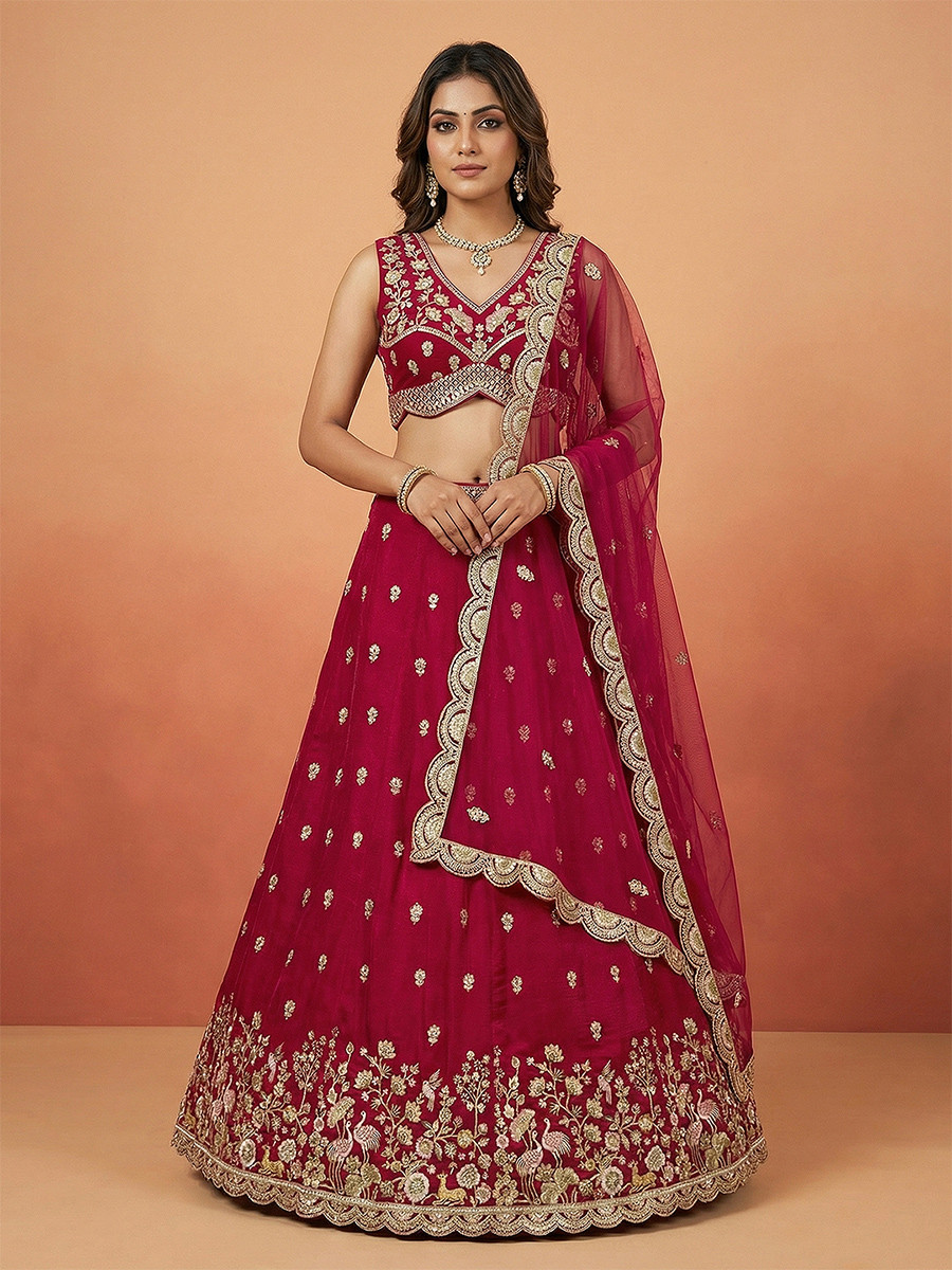Rani Pink Chinnon Silk Embroidery Wedding Reception Party Festival Heavy Border Lehenga Choli
