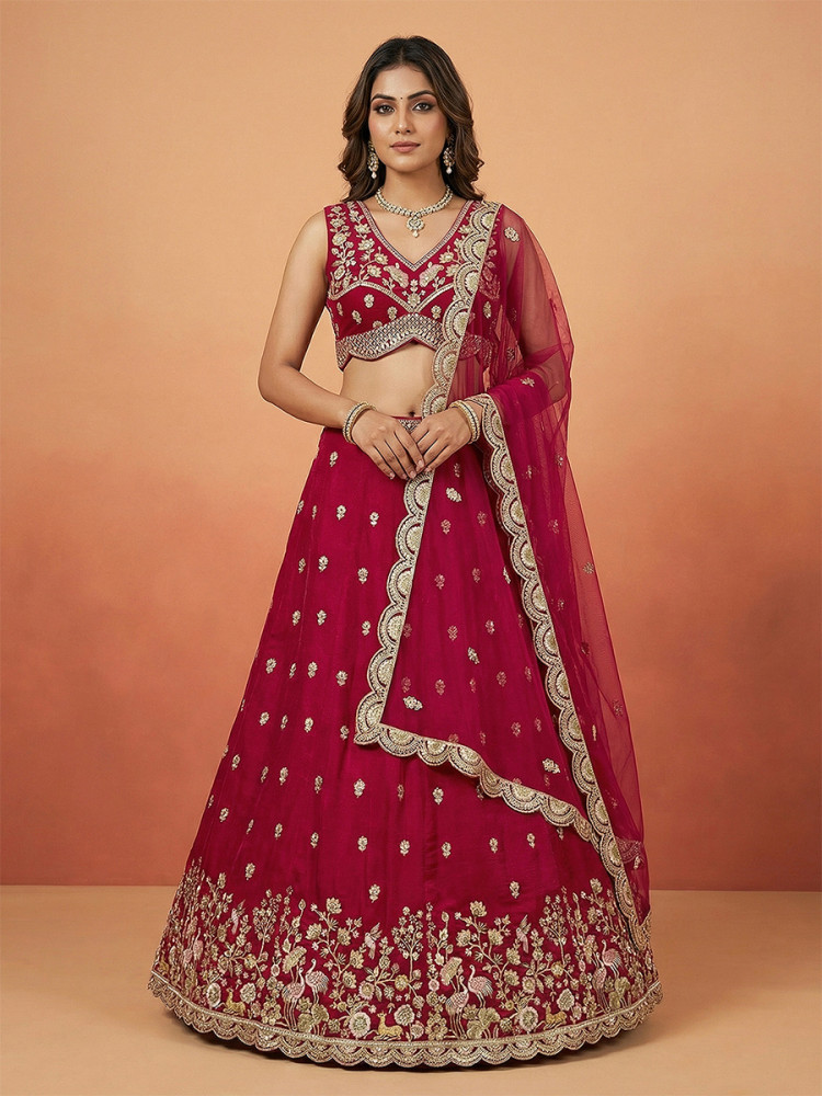 Image of Rani Pink Chinnon Silk Embroidery Wedding Reception Party Festival Heavy Border Lehenga Choli