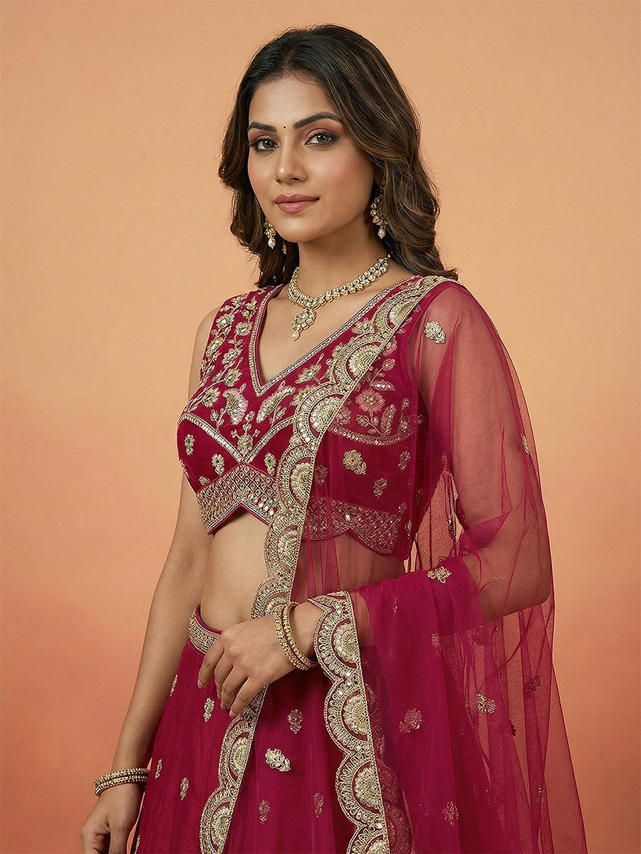Rani Pink Chinnon Silk Embroidery Wedding Reception Party Festival Heavy Border Lehenga Choli