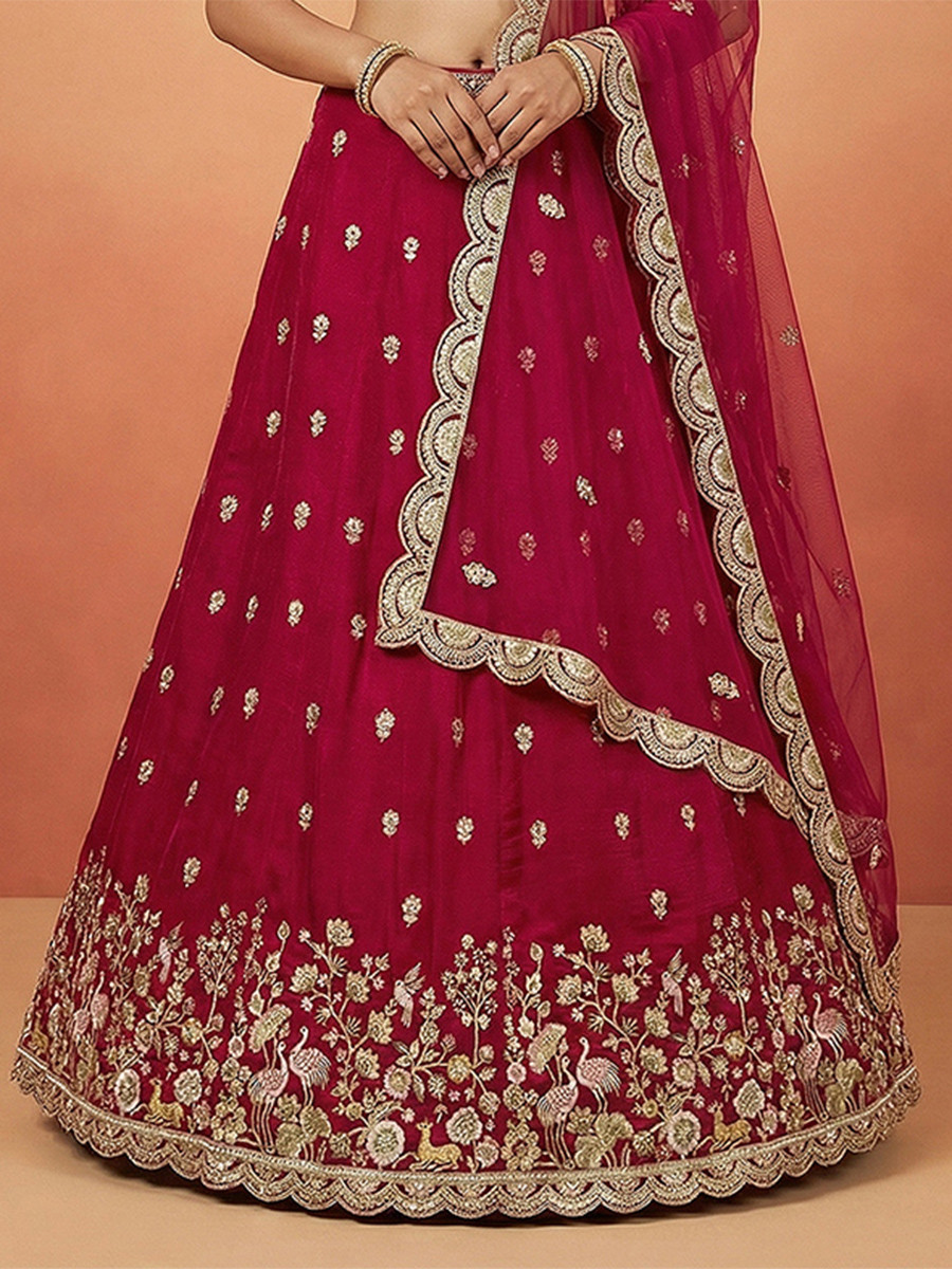 Rani Pink Chinnon Silk Embroidery Wedding Reception Party Festival Heavy Border Lehenga Choli