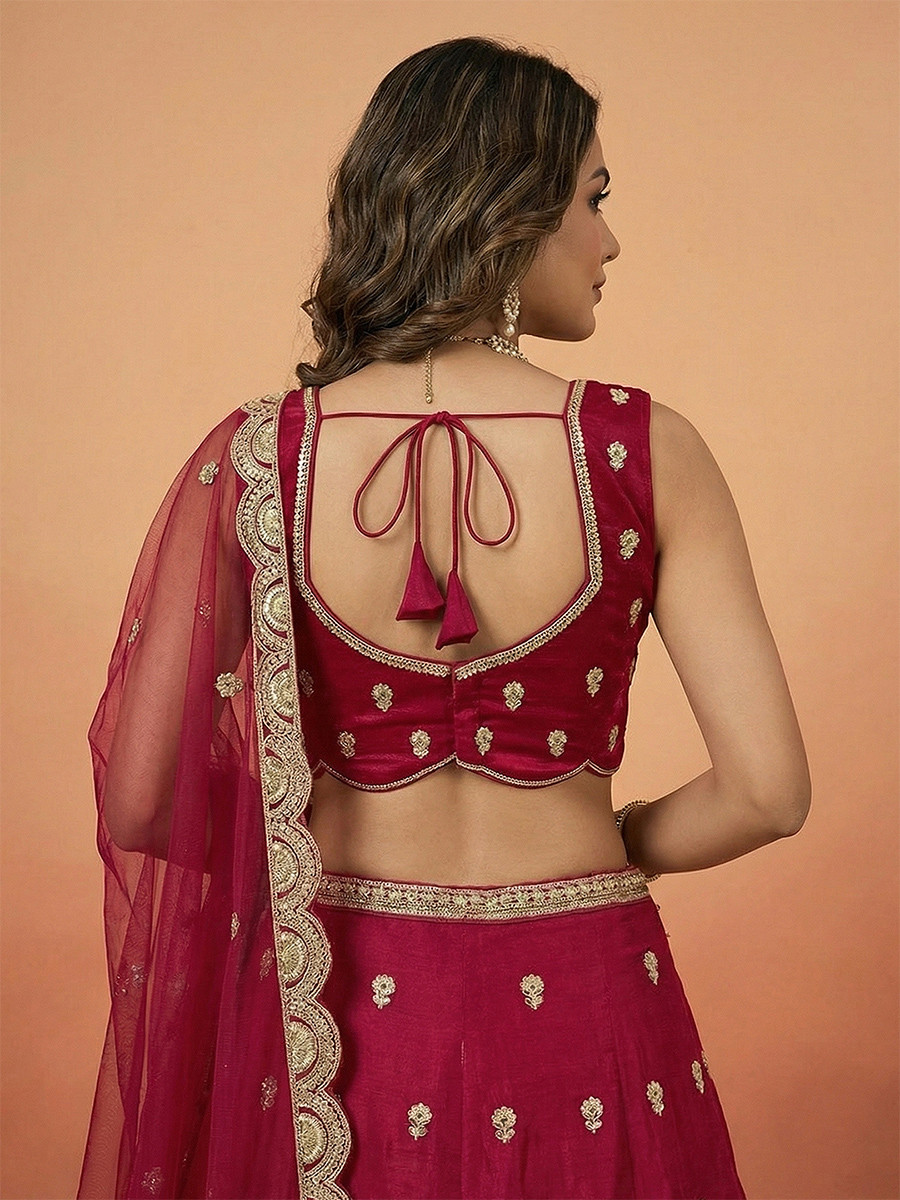 Rani Pink Chinnon Silk Embroidery Wedding Reception Party Festival Heavy Border Lehenga Choli