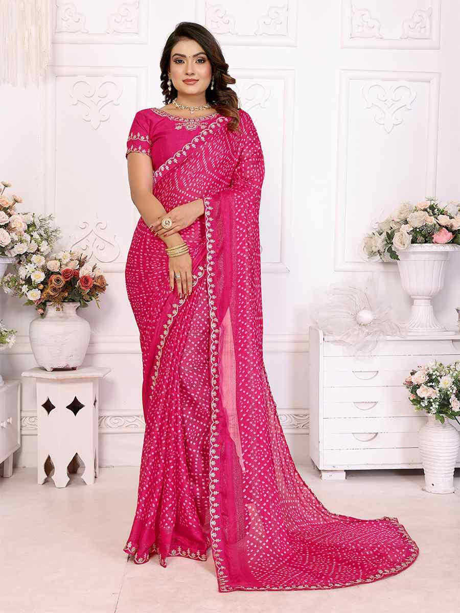 Rani Pink Chinon Embroidered Festival Wedding Fancy Heavy Border Saree