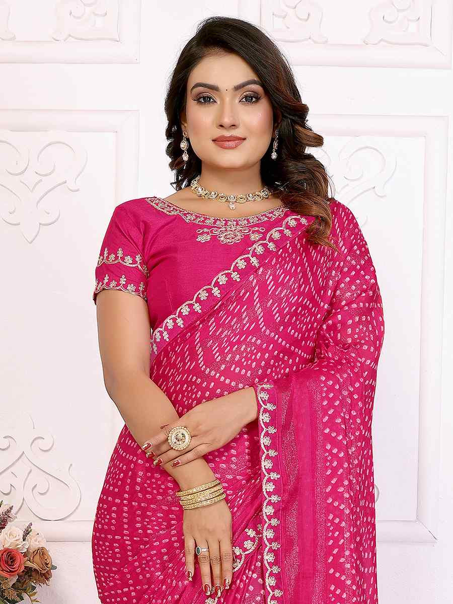Rani Pink Chinon Embroidered Festival Wedding Fancy Heavy Border Saree