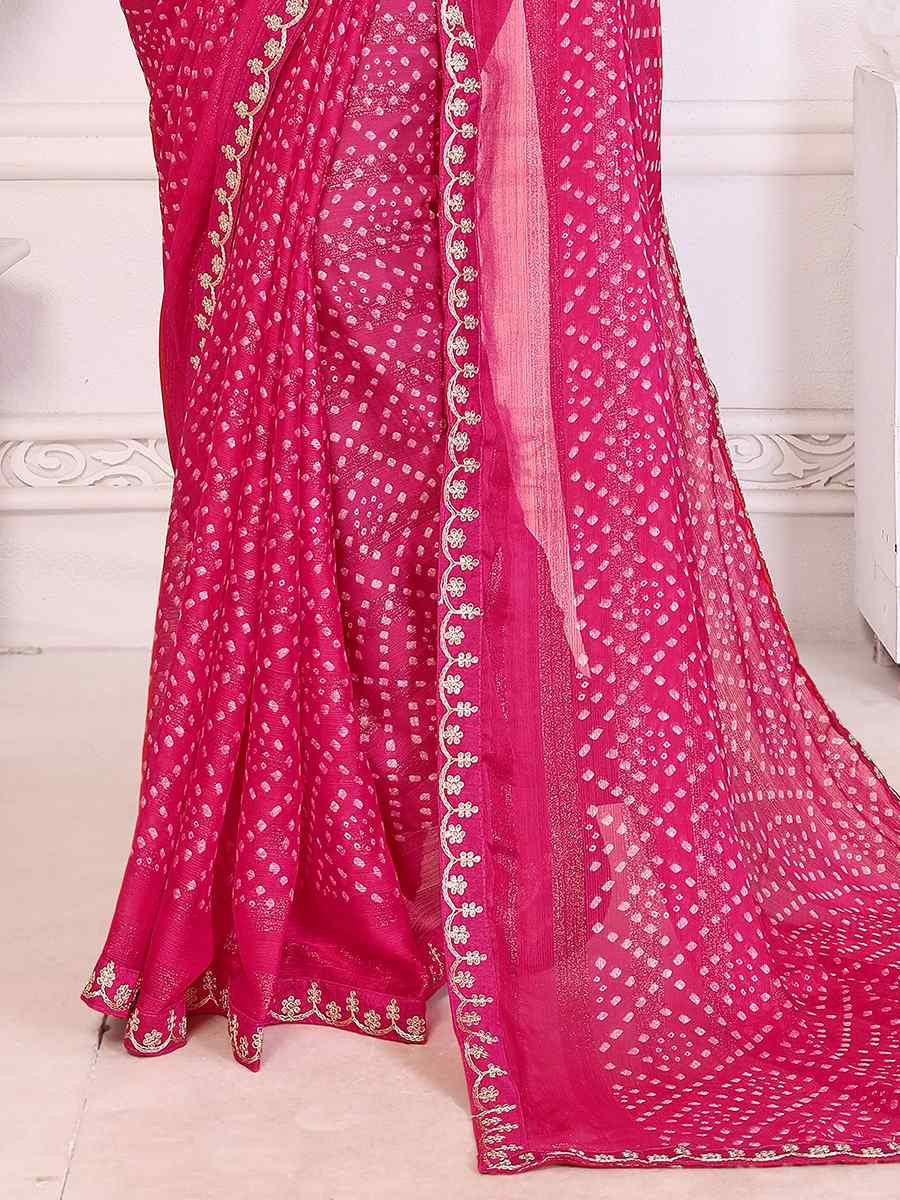Rani Pink Chinon Embroidered Festival Wedding Fancy Heavy Border Saree