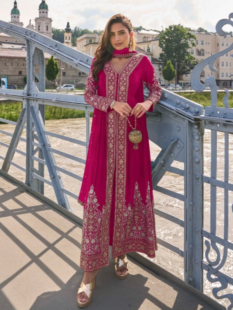Image of Rani Pink Chinon Embroidery Sequins Wedding Festival Casual Party Ready Lawn Pant Salwar Kameez