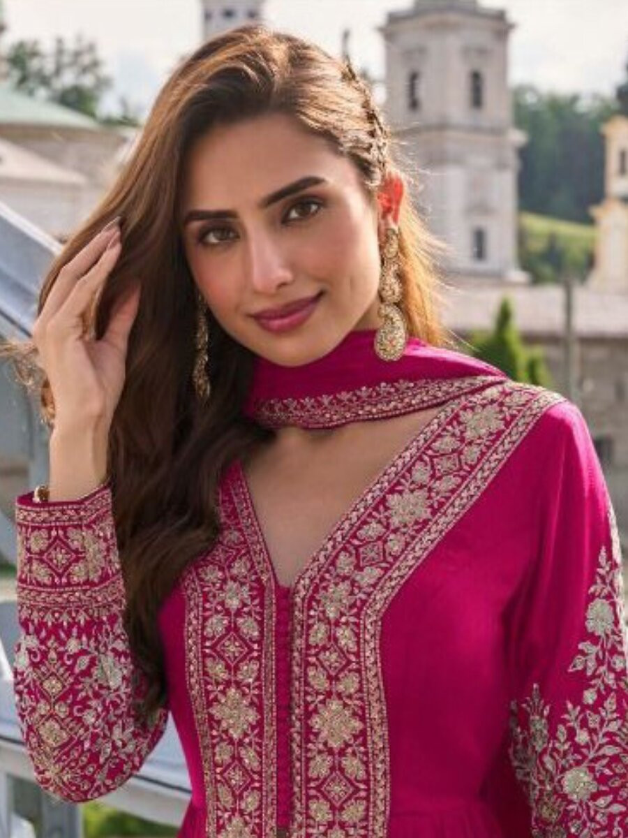 Rani Pink Chinon Embroidery Sequins Wedding Festival Casual Party Ready Lawn Pant Salwar Kameez