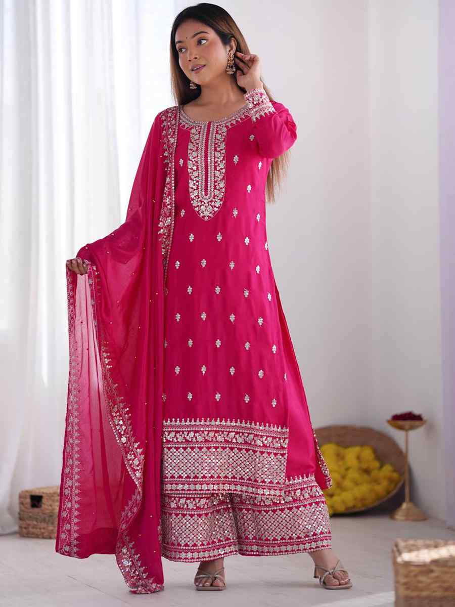 Rani Pink Chinon Silk Embroidered Festival Casual Ready Palazzo Pant Salwar Kameez