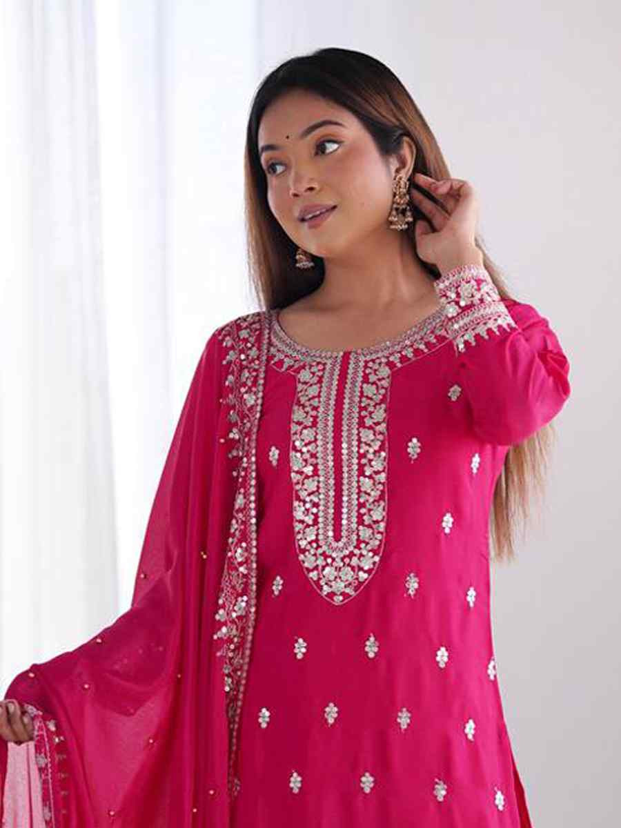 Rani Pink Chinon Silk Embroidered Festival Casual Ready Palazzo Pant Salwar Kameez