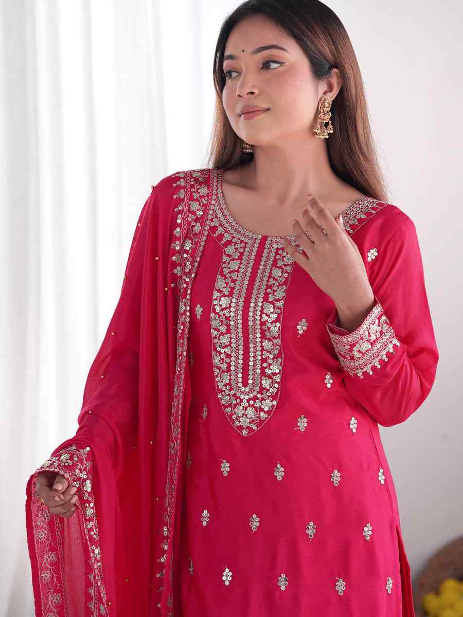Rani Pink Chinon Silk Embroidered Festival Casual Ready Palazzo Pant Salwar Kameez