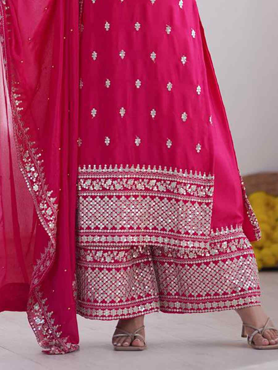 Rani Pink Chinon Silk Embroidered Festival Casual Ready Palazzo Pant Salwar Kameez