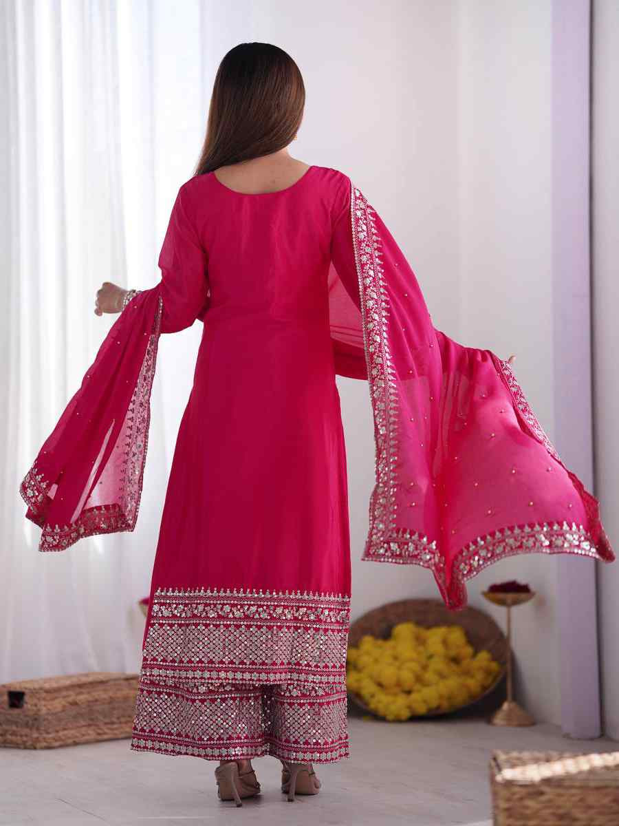 Rani Pink Chinon Silk Embroidered Festival Casual Ready Palazzo Pant Salwar Kameez